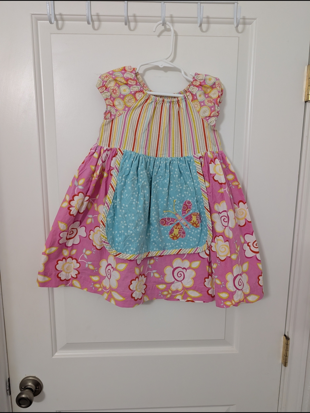 Girls' Pink Floral Dress with Blue Butterfly Apron Size 4-5 Girly